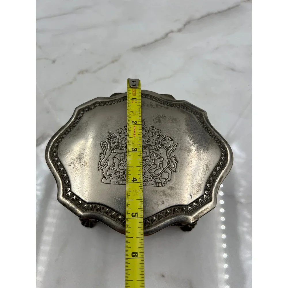 Vintage British Royal Coat of Arms Silver Footed Jewelry Box Red Velvet Lining